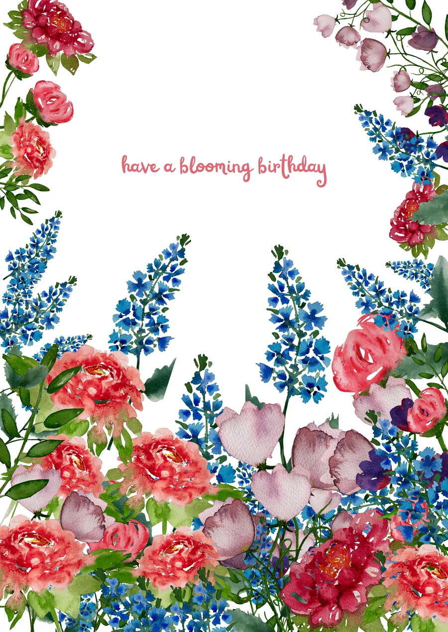 Birthday card with a meadow of watercolour flowers – blue delphiniums, red and pink peonies, mauve tulips – and the words have a blooming birthday.