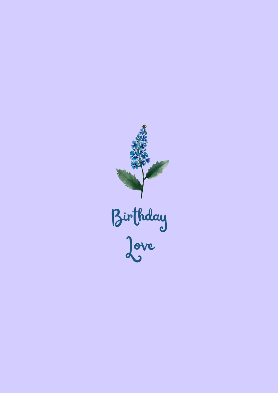 Lilac birthday card with a blue watercolour delphinium and the words Birthday Love.