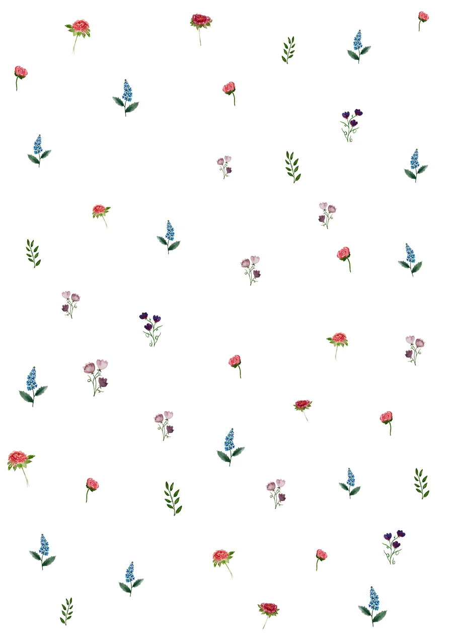 White postcard with small watercolour flowers: blue delphiniums, pink roses, red peonies, purple blossoms and green sprigs, loosely scattered.