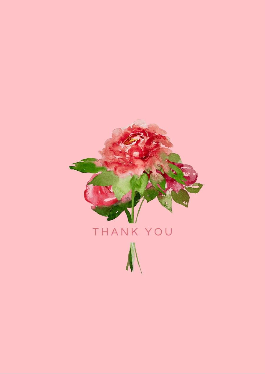 Pink card with a watercolour bouquet of red and pink peonies and the words Thank you.